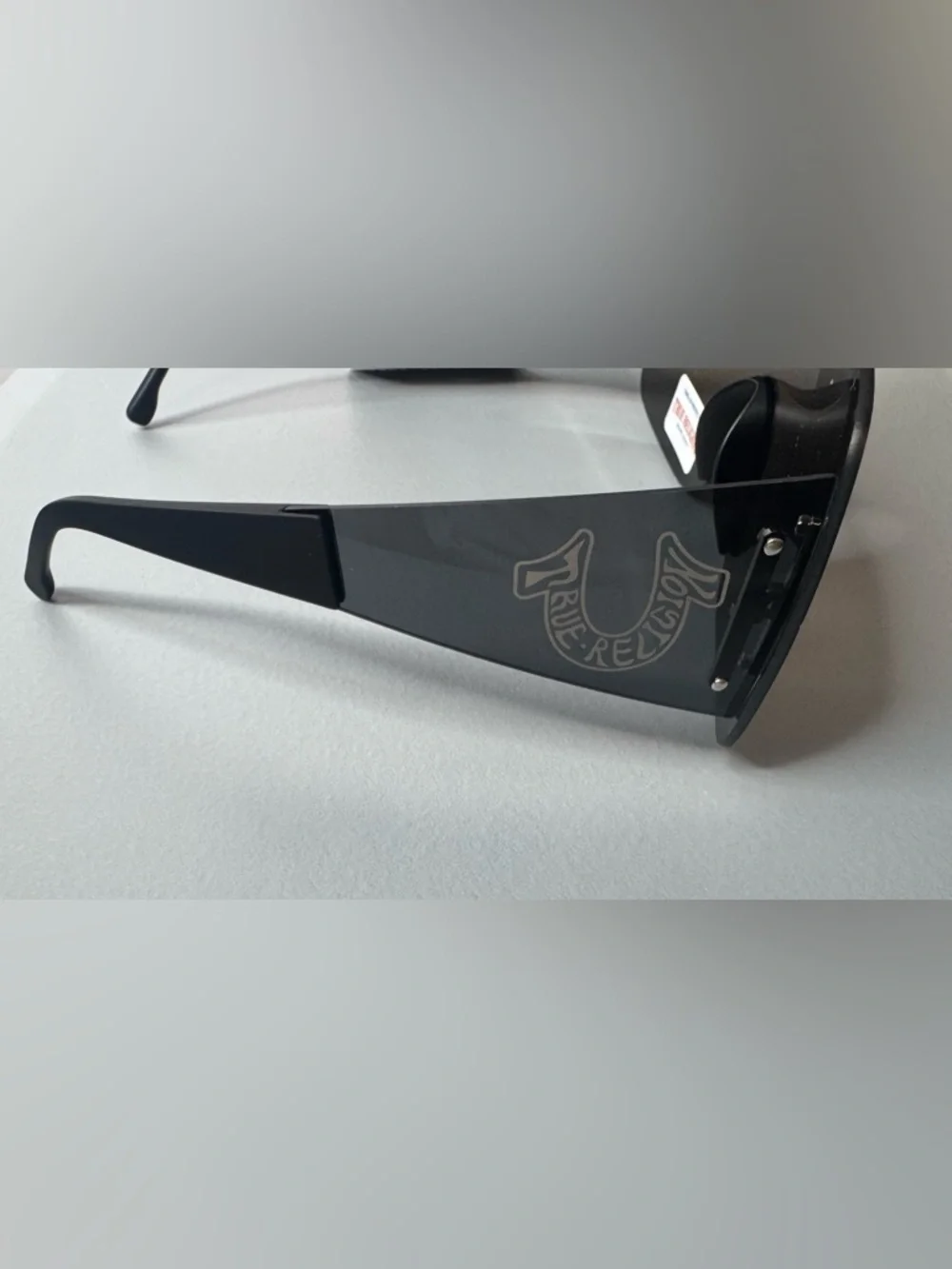 True Religion aviator Black Rimless Shield Sunglasses blue mirrored horseshoe
